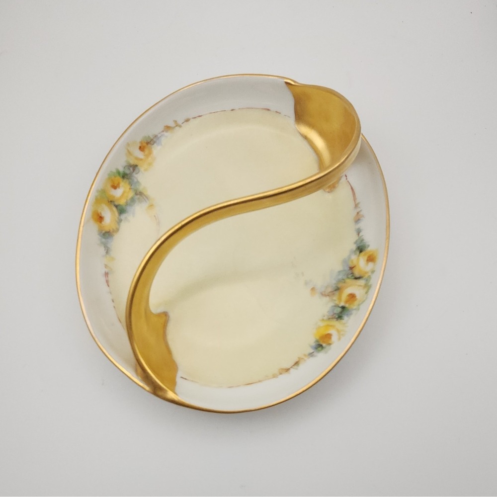 Antique MZ Altrohlau Hand Painted Czechoslovakia Handle Dish Signed Yellow Roses - Picture 2 of 5